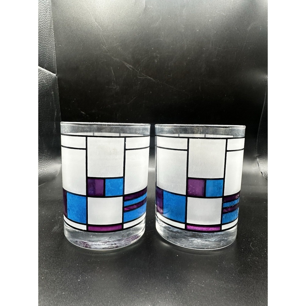 Set Of 2 Culver Frank Lloyd Wright Oak Park Blue Double Rocks Glasses MOMA Bar‎